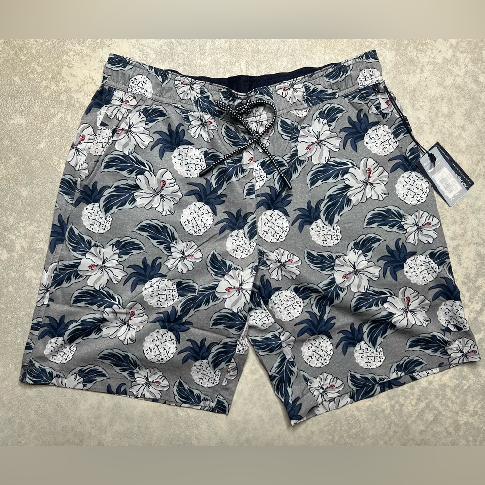 FISH HIPPIE CO. MENS SZ M GRAY PINEAPPLE FLORAL PRINT VOLLEY SWIM SHORTS